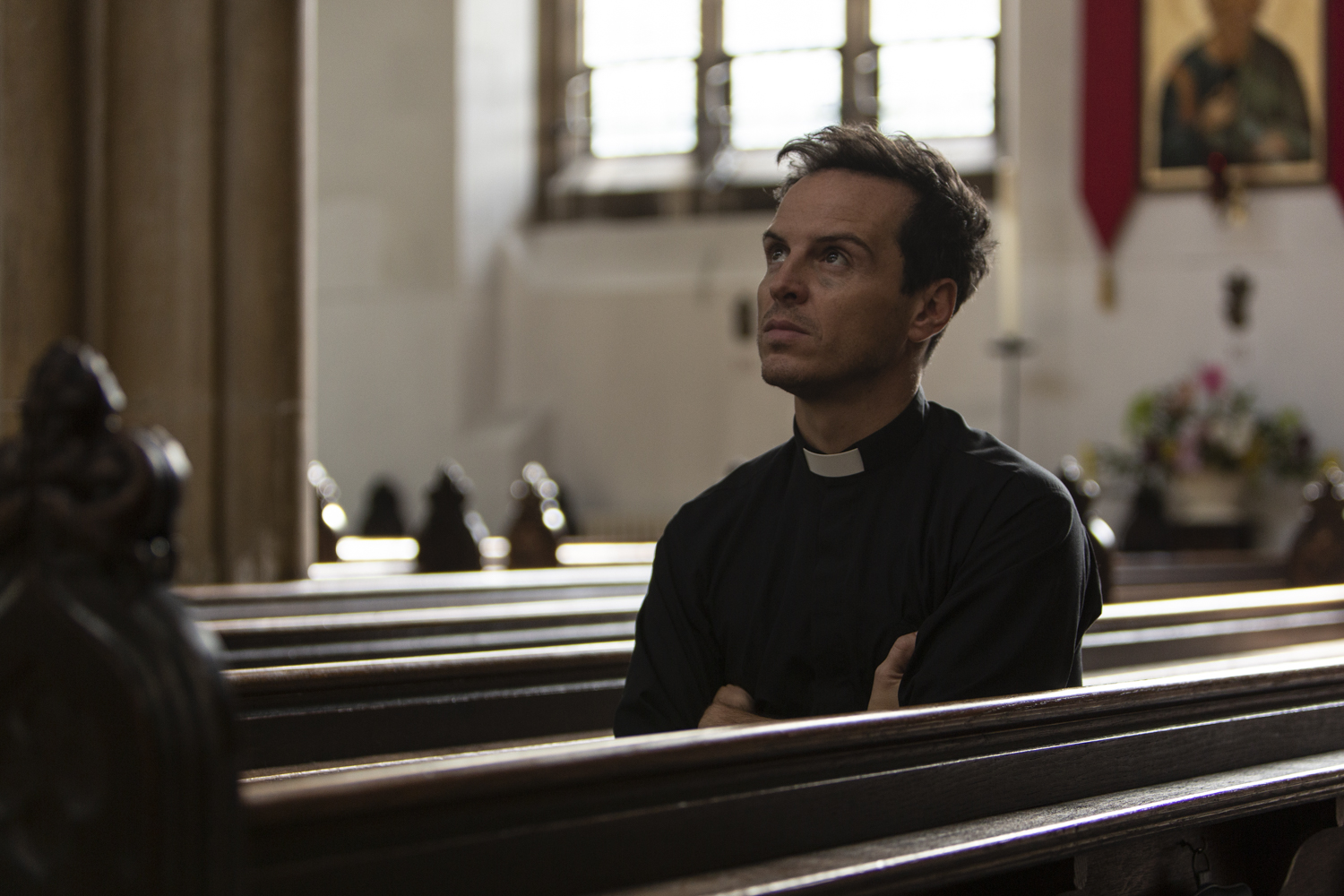Stills of Andrew Scott in comedy drama 'Fleabag' Series 2. Luke, Varley, Chapters, People, freelance, production, unit, stills, photographer, photography, portrait, crew, commercials, promos,